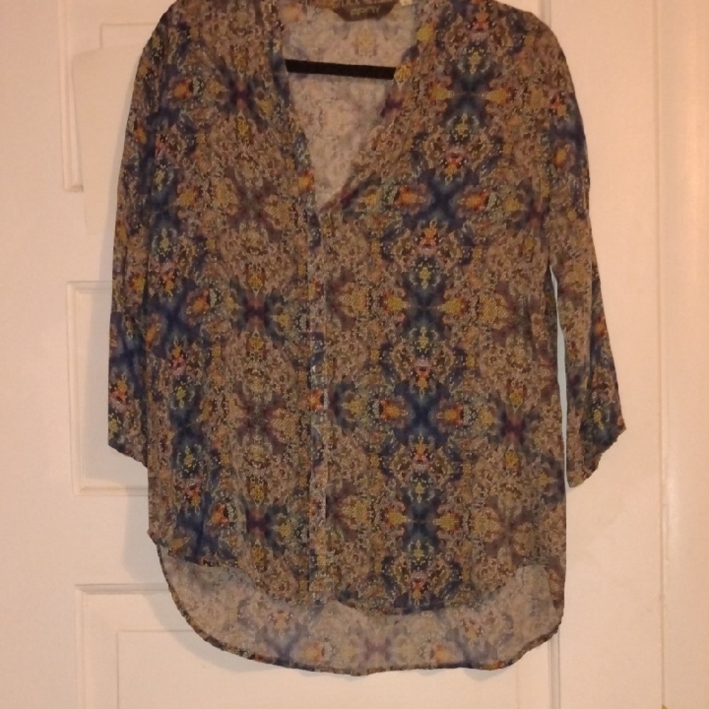 Relaxed Floral Medallion Button-Front Blouse - Blue & Beige